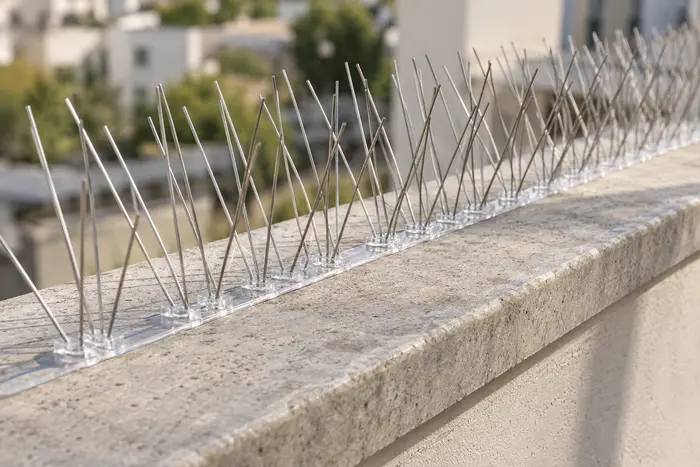 Detalj baze iglica za golubove pričvršćene na ravnu zidnu kapu.
